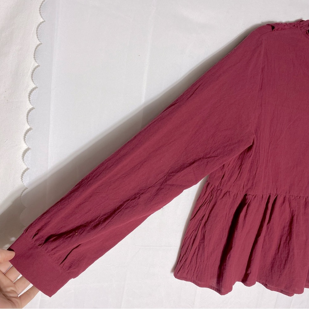 5/$25 Shein Burgundy High Collar Eyelet Ruffle Peplum Blouse L - Picture 12 of 15